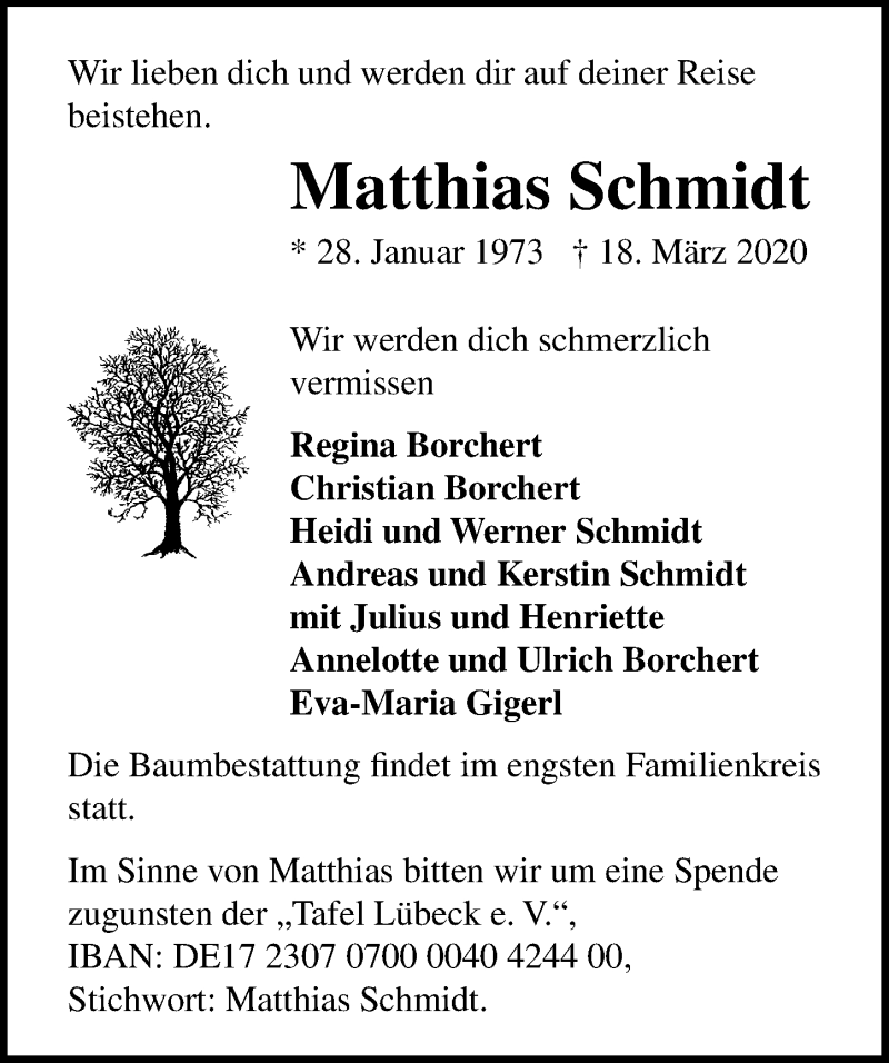  Traueranzeige für Matthias Schmidt vom 28.03.2020 aus Ostsee-Zeitung GmbH