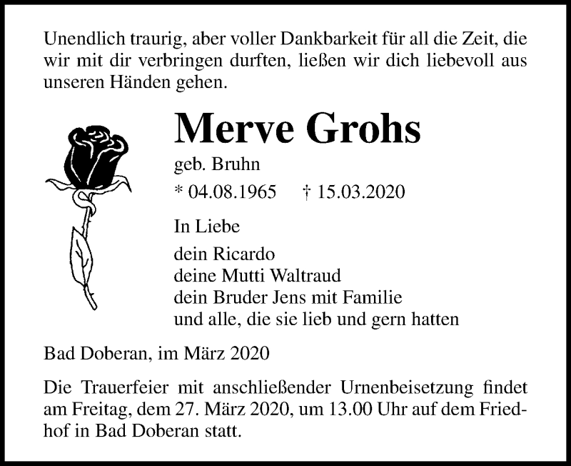  Traueranzeige für Merve Grohs vom 21.03.2020 aus Ostsee-Zeitung GmbH