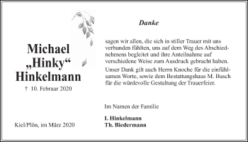 Traueranzeige von Michael Hinkelmann von Kieler Nachrichten