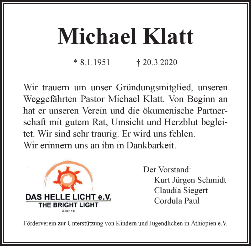  Traueranzeige für Michael Klatt vom 28.03.2020 aus Hannoversche Allgemeine Zeitung/Neue Presse