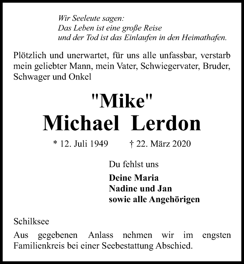  Traueranzeige für Michael Lerdon vom 28.03.2020 aus Kieler Nachrichten