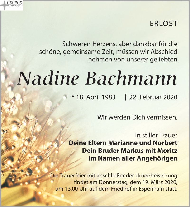  Traueranzeige für Nadine Bachmann vom 07.03.2020 aus Leipziger Volkszeitung