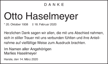 Traueranzeige von Otto Haselmeyer von Göttinger Tageblatt