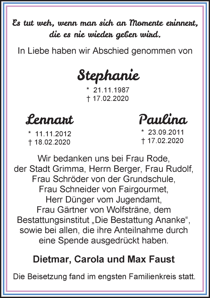  Traueranzeige für Paulina  vom 21.03.2020 aus Leipziger Volkszeitung