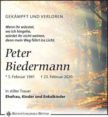 Traueranzeige von Peter Biedermann von Leipziger Volkszeitung