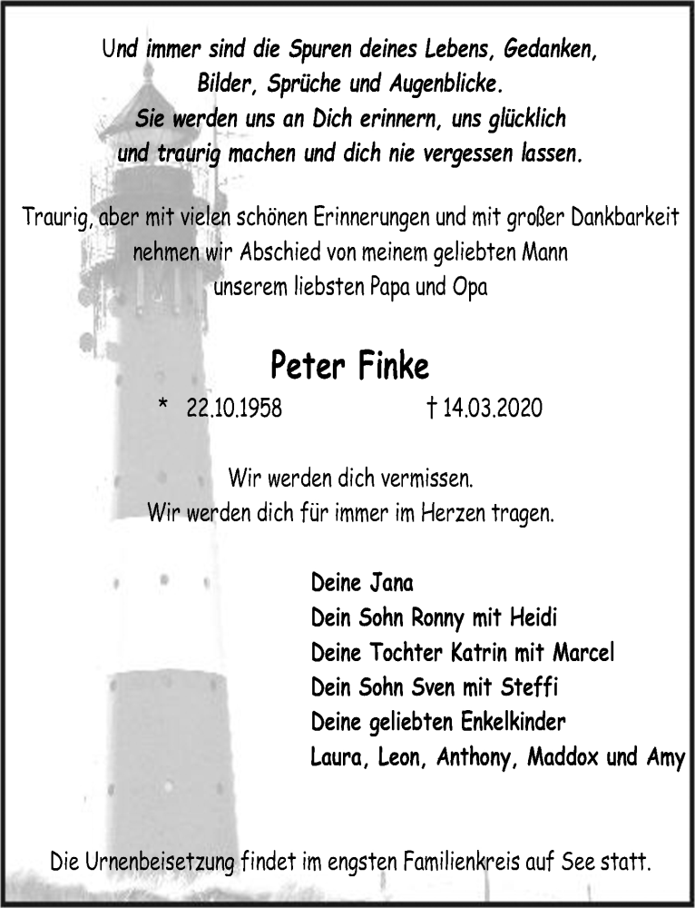  Traueranzeige für Peter Finke vom 28.03.2020 aus Märkischen Allgemeine Zeitung