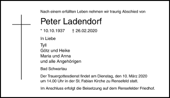 Traueranzeige von Peter Ladendorf von Lübecker Nachrichten