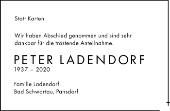 Traueranzeige von Peter Ladendorf von Lübecker Nachrichten