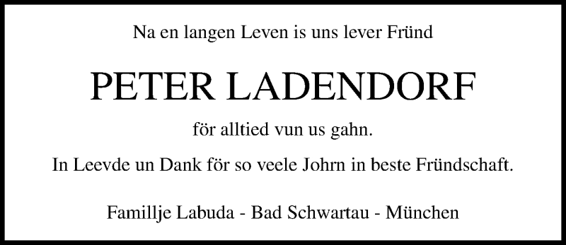  Traueranzeige für Peter Ladendorf vom 01.03.2020 aus Lübecker Nachrichten
