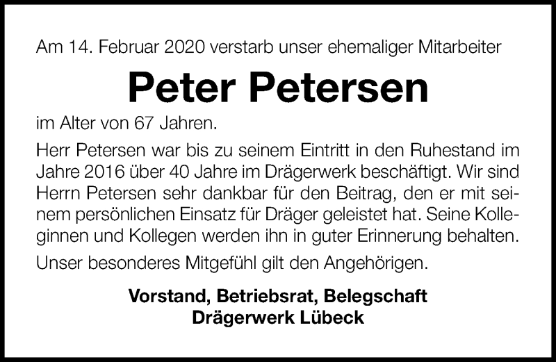 Traueranzeige für Peter Petersen vom 01.03.2020 aus Lübecker Nachrichten