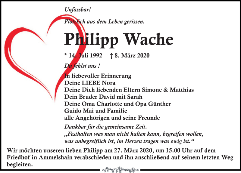  Traueranzeige für Philipp Wache vom 21.03.2020 aus Leipziger Volkszeitung