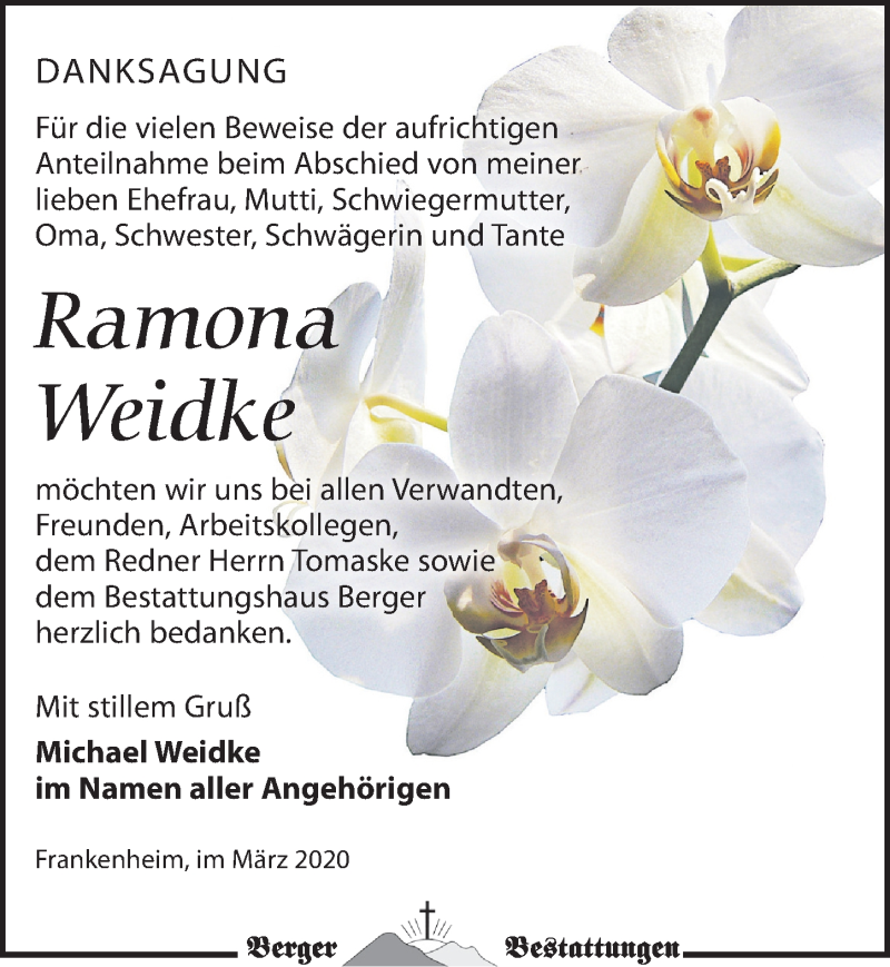  Traueranzeige für Ramona Weidke vom 07.03.2020 aus Leipziger Volkszeitung