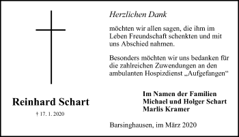 Traueranzeige von Reinhard Schart von Hannoversche Allgemeine Zeitung/Neue Presse