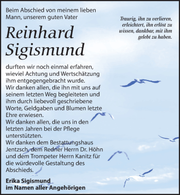 Traueranzeige von Reinhard Sigismund von Leipziger Volkszeitung