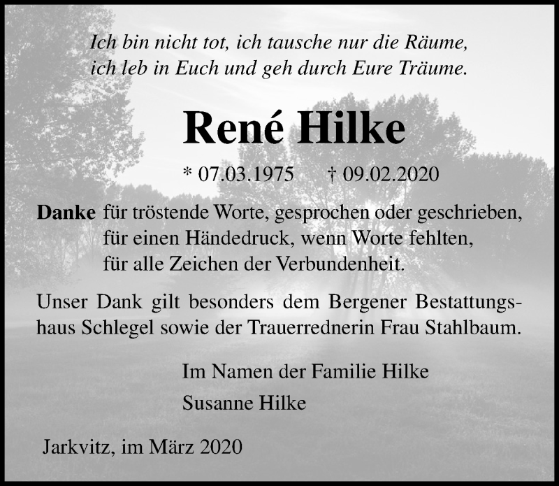  Traueranzeige für René Hilke vom 21.03.2020 aus Ostsee-Zeitung GmbH