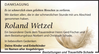 Traueranzeige von Roland Wetzel von Leipziger Volkszeitung