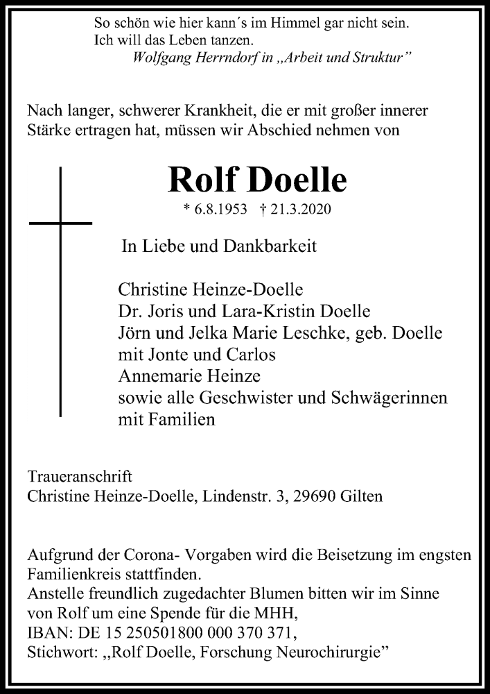 Traueranzeige für Rolf Doelle vom 25.03.2020 aus Hannoversche Allgemeine Zeitung/Neue Presse