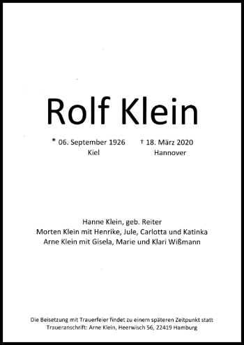 Traueranzeige von Rolf Klein von Hannoversche Allgemeine Zeitung/Neue Presse