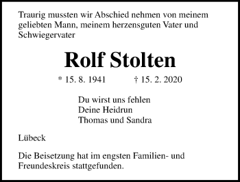 Traueranzeige von Rolf Stolten von Lübecker Nachrichten