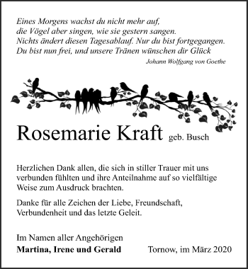 Traueranzeige von Rosemarie Kraft