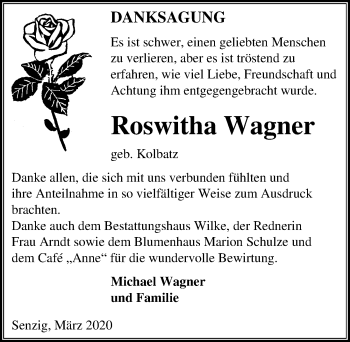 Traueranzeige von Roswitha Wagner von Märkischen Allgemeine Zeitung