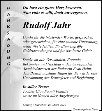 Traueranzeige von Rudolf Jahr von Leipziger Volkszeitung