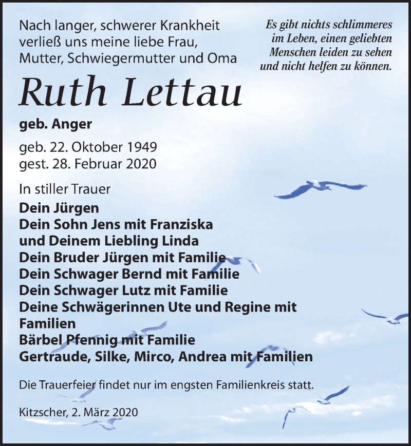  Traueranzeige für Ruth Lettau vom 07.03.2020 aus Leipziger Volkszeitung