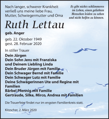 Traueranzeige von Ruth Lettau von Leipziger Volkszeitung