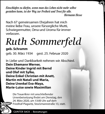 Traueranzeige von Ruth Sommerfeld von Leipziger Volkszeitung