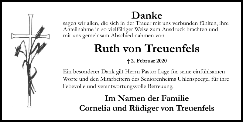 Traueranzeigen Von Ruth Von Treuenfels | Trauer-anzeigen.de