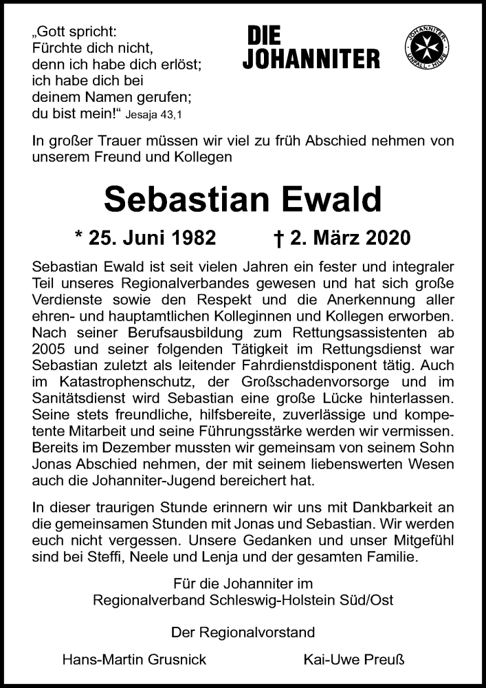  Traueranzeige für Sebastian Ewald vom 08.03.2020 aus Lübecker Nachrichten