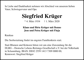 Traueranzeige von Siegfried Krüger von Lübecker Nachrichten