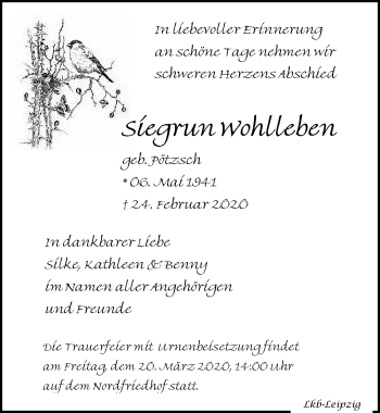 Traueranzeige von Siegrun Wohlleben von Leipziger Volkszeitung