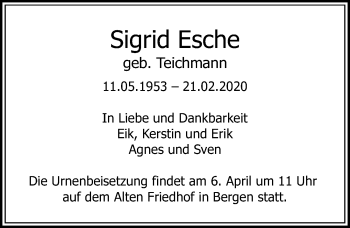 Traueranzeige von Sigrid Esche von Ostsee-Zeitung GmbH