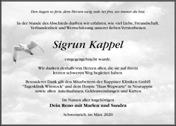 Traueranzeige von Sigrun Kappel von Märkischen Allgemeine Zeitung