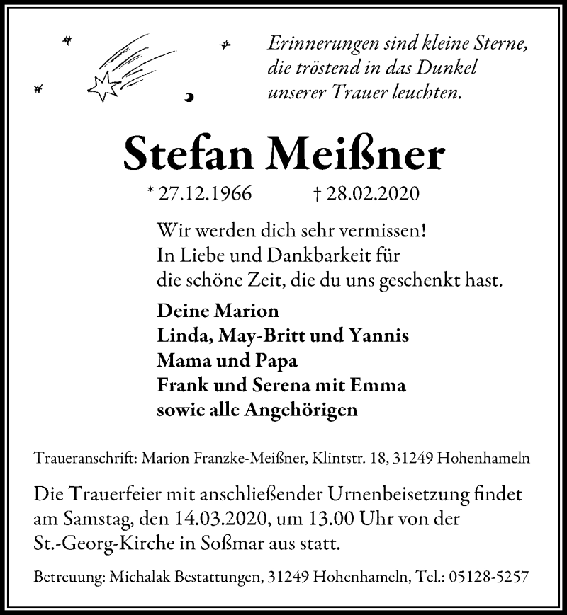  Traueranzeige für Stefan Meißner vom 03.03.2020 aus Peiner Allgemeine Zeitung