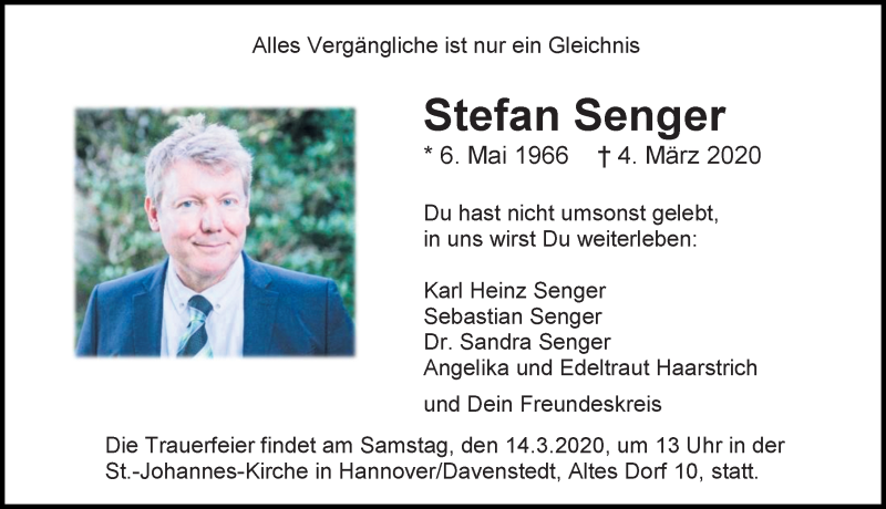  Traueranzeige für Stefan Senger vom 11.03.2020 aus Hannoversche Allgemeine Zeitung/Neue Presse