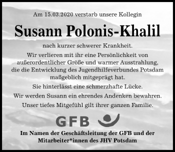 Traueranzeige von Susann Polonis-Khalil von Märkischen Allgemeine Zeitung