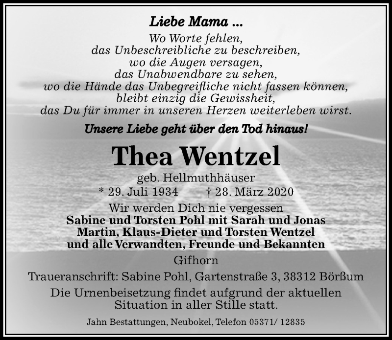  Traueranzeige für Thea Wentzel vom 31.03.2020 aus Aller Zeitung