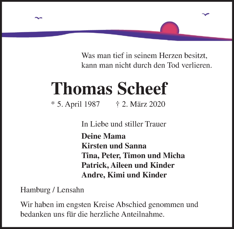  Traueranzeige für Thomas Scheef vom 21.03.2020 aus Lübecker Nachrichten