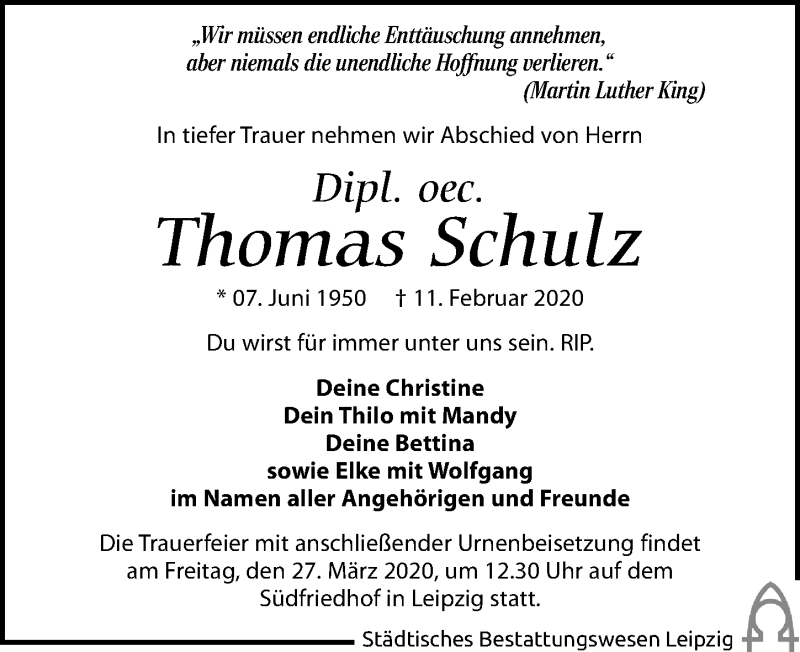  Traueranzeige für Thomas Schulz vom 14.03.2020 aus Leipziger Volkszeitung