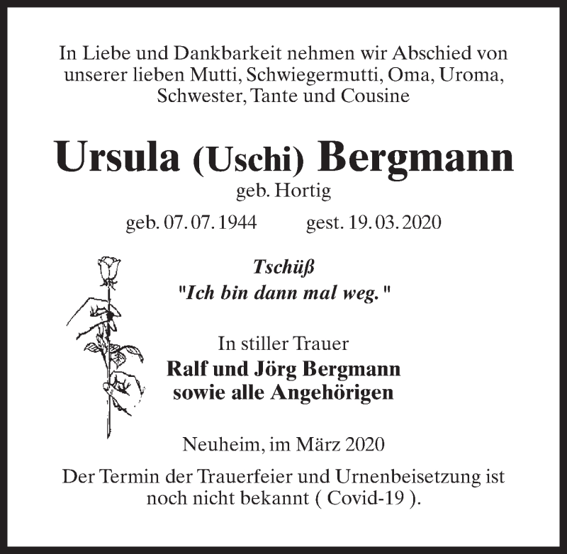  Traueranzeige für Ursula Bergmann vom 28.03.2020 aus Märkischen Allgemeine Zeitung