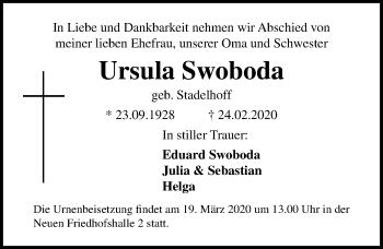 Traueranzeige von Ursula Swoboda von Ostsee-Zeitung GmbH