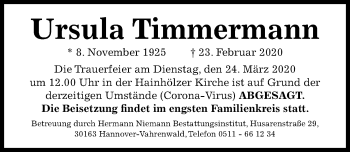 Traueranzeige von Ursula Timmermann von Hannoversche Allgemeine Zeitung/Neue Presse