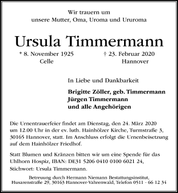 Traueranzeige von Ursula Timmermann von Hannoversche Allgemeine Zeitung/Neue Presse