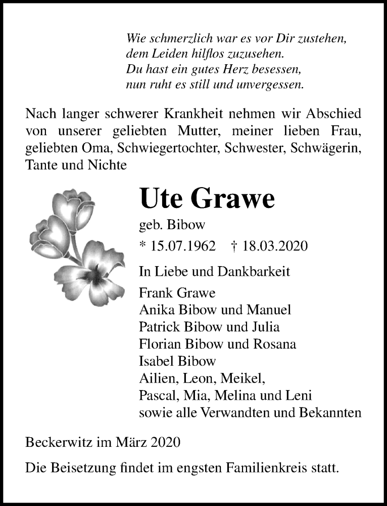  Traueranzeige für Ute Grawe vom 21.03.2020 aus Ostsee-Zeitung GmbH
