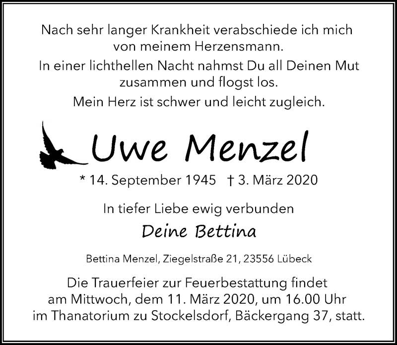  Traueranzeige für Uwe Menzel vom 08.03.2020 aus Lübecker Nachrichten