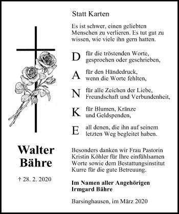 Traueranzeige von Walter Bähre von Hannoversche Allgemeine Zeitung/Neue Presse