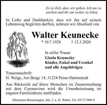 Traueranzeige von Walter Keunecke von Peiner Allgemeine Zeitung