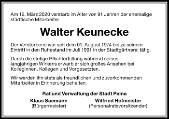 Traueranzeige von Walter Keunecke von Peiner Allgemeine Zeitung